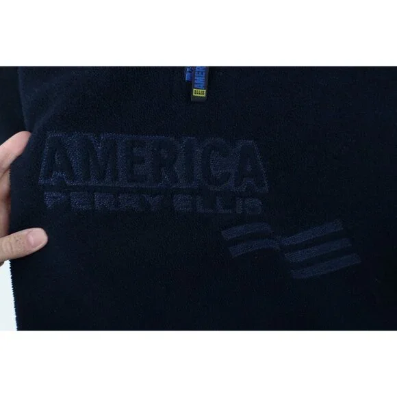 Vintage 90s Perry Ellis Mens Large Spell Out Flag 1/4 Half Zip Fleece Sweater - Picture 4 of 14